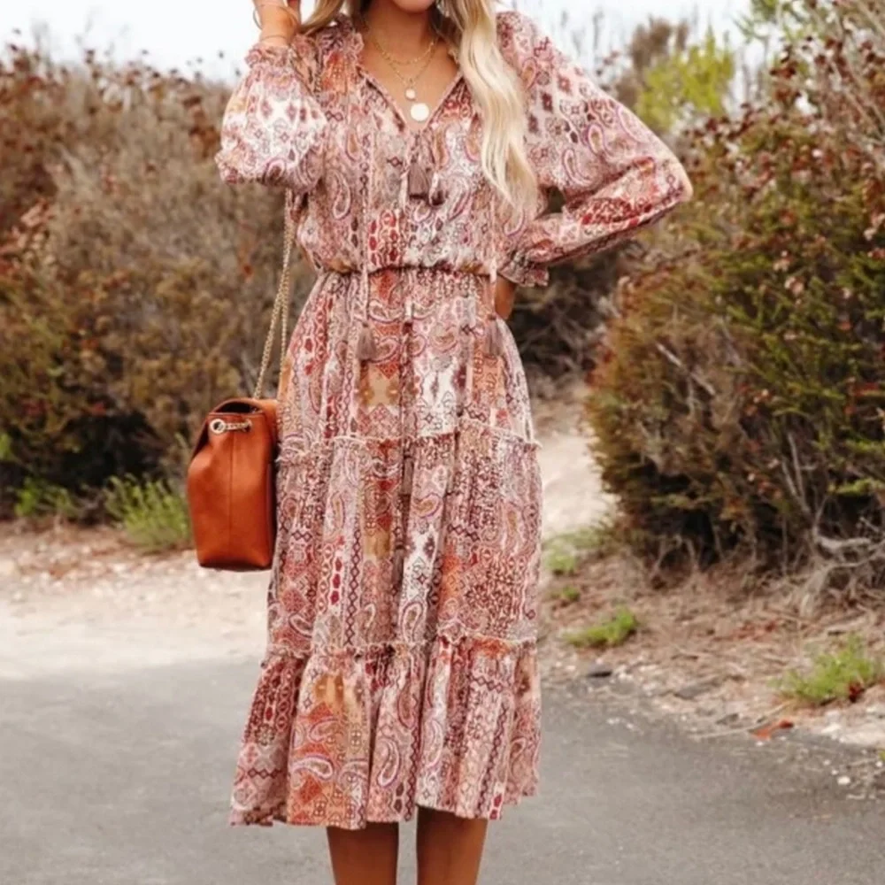 VICI Womens Midi Dresses | Dougherty Cotton Printed Ruffle Midi Dress - Picture 4 of 16